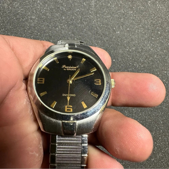 precision by gruen Mens Watch Diamond Quartz GP402MN Black Dial Silver Working - Picture 4 of 7